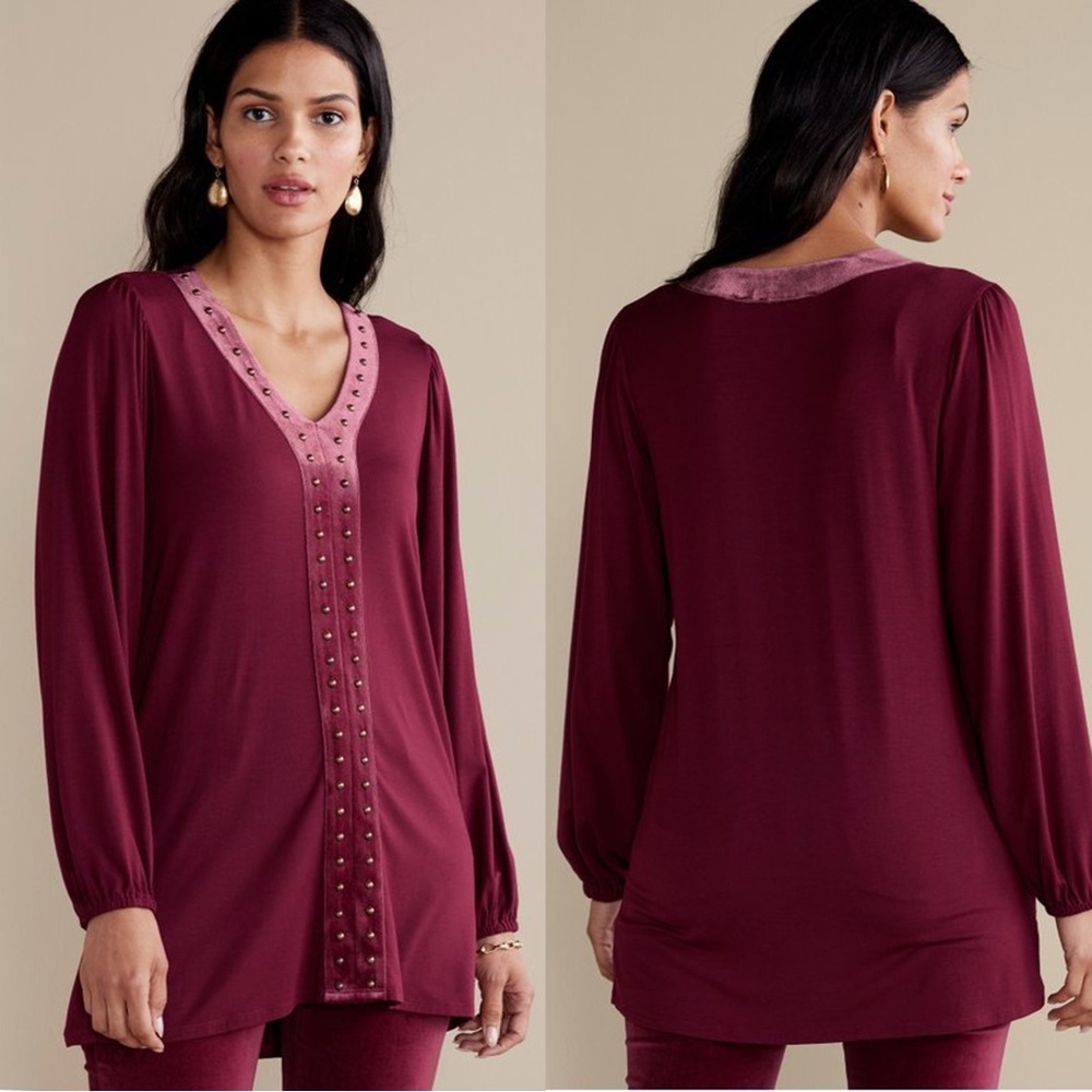 Soft Surroundings Burgundy Velvet Adornment Top